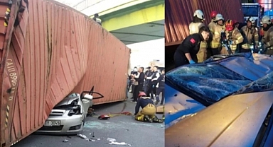 İstanbul'da üst geçide çarpan tır, otomobilin üzerine devrildi: 4 ölü